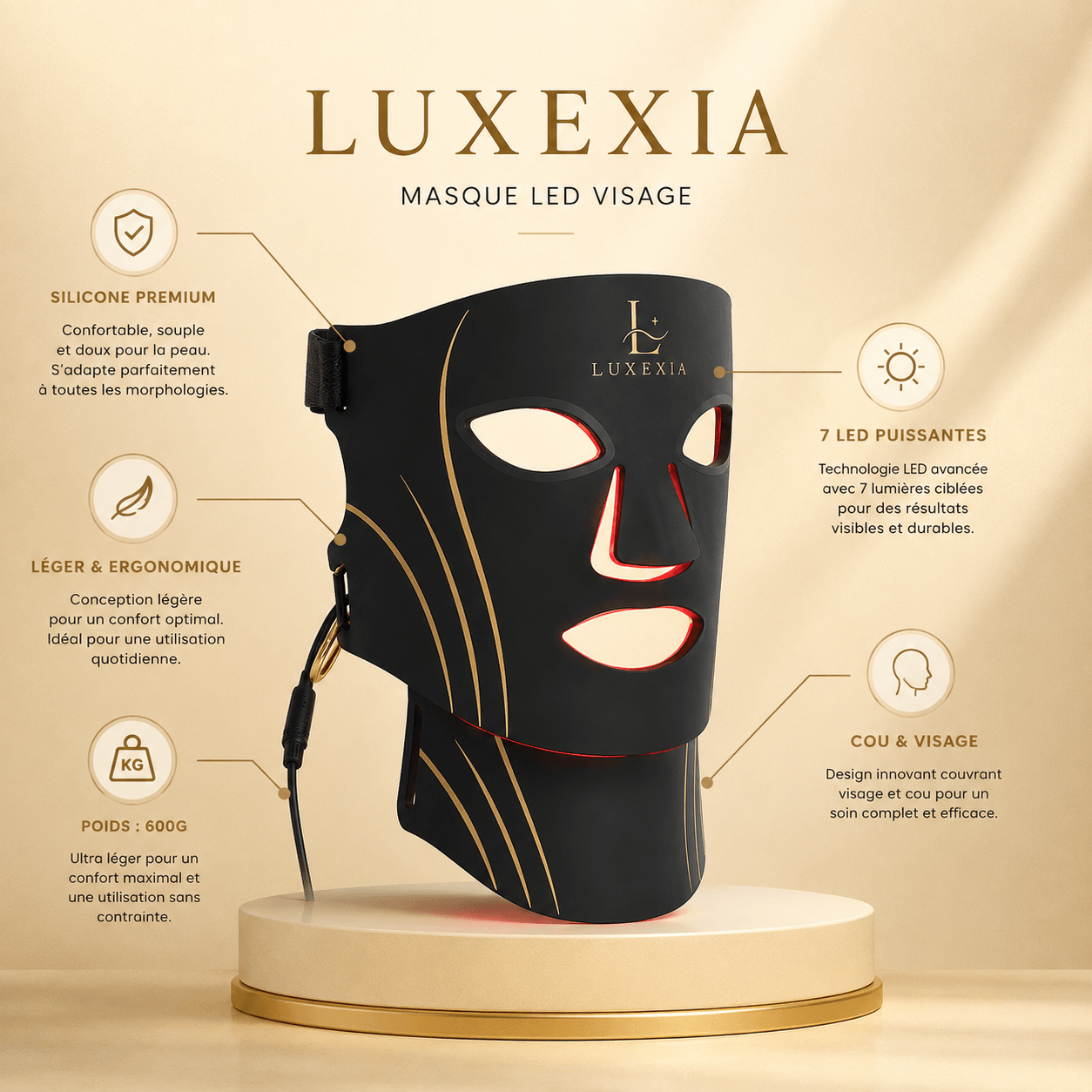 Masque LED Visage & Cou Luxexia™ – 7 Couleurs de Luminothérapie